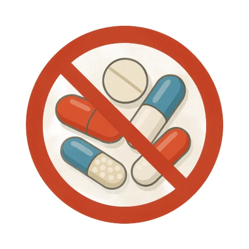Illustration of various painkillers crossed out with a prohibition symbol, symbolizing freedom from medication dependence