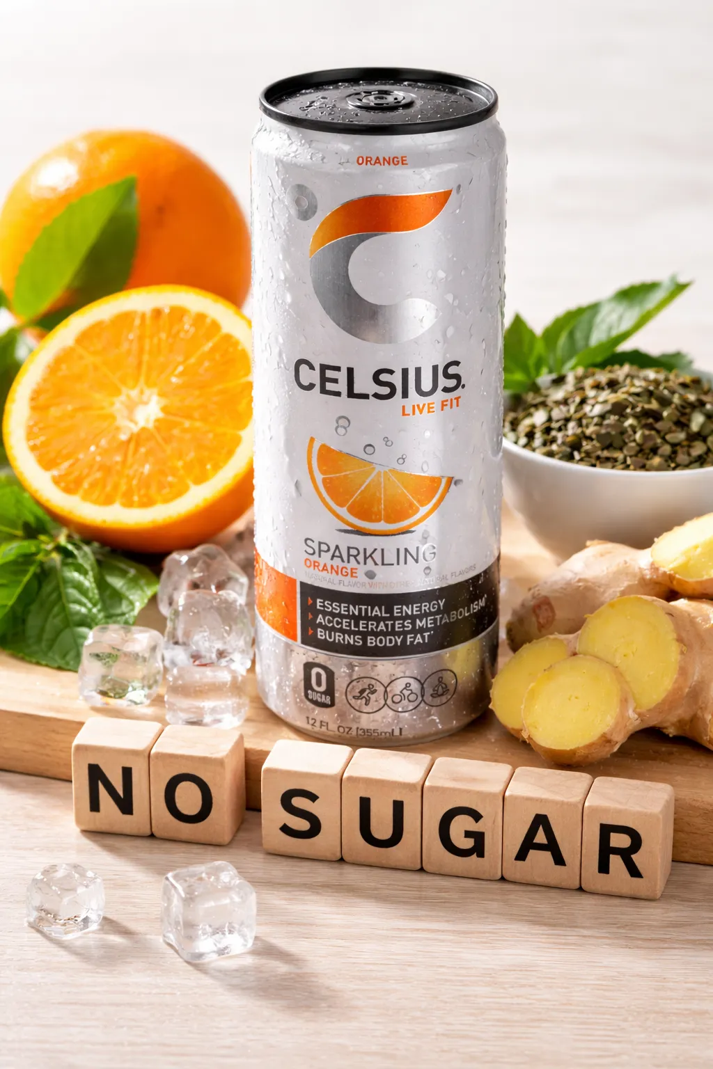 Celsius Live Fit Sparkling Orange energy drink shown with natural ingredients and ‘No Sugar’ blocks.