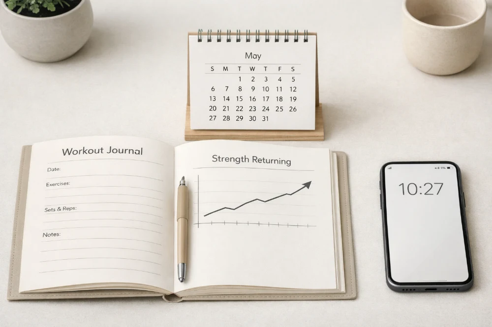 A simple recovery-themed visual showing a workout log, a calendar, and a rising strength or recovery trend line.