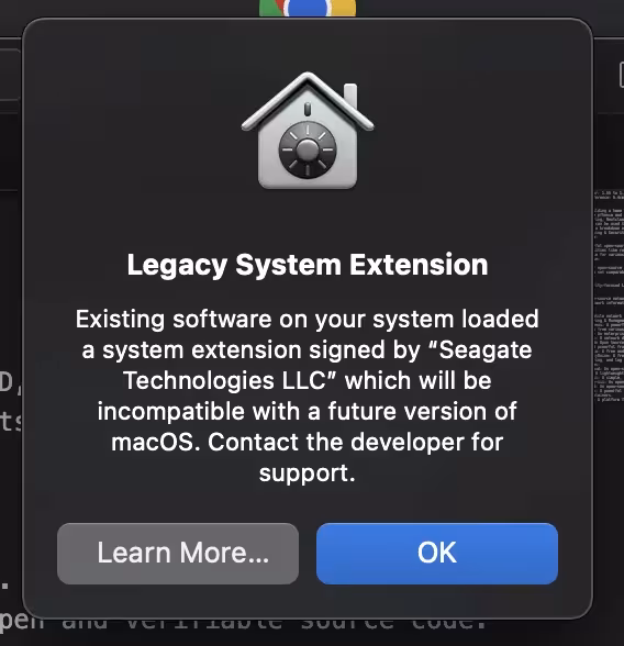 Legacy System Extension warning of incompatibility