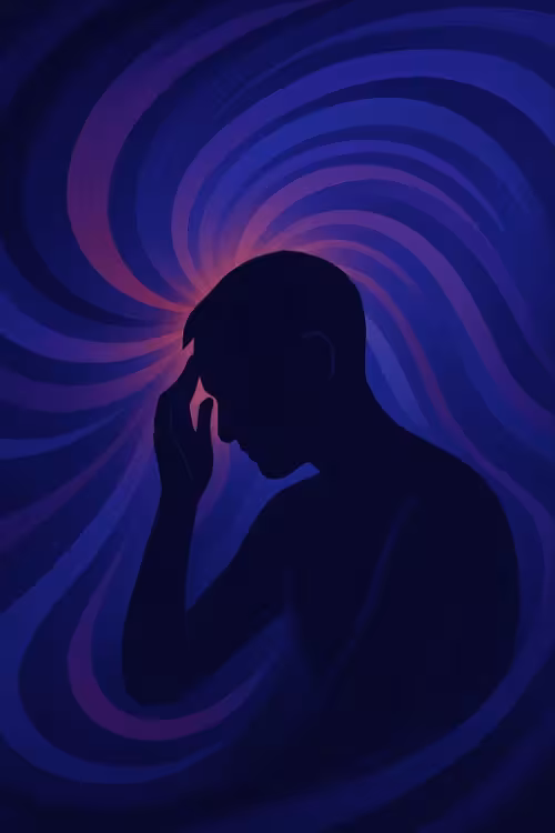 Illustration of a migraine sufferer with swirling colors radiating from the head, symbolizing migraine pain.